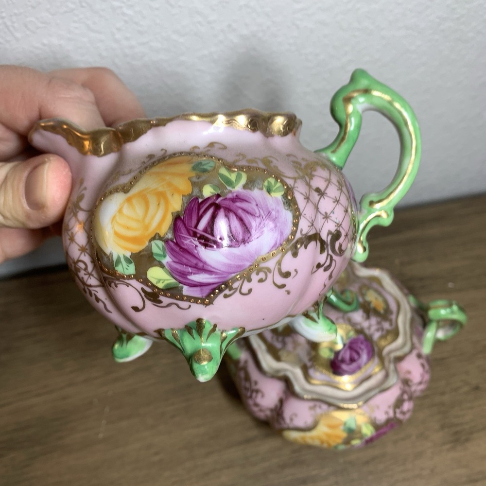 VTG Moriage Porcelain Creamer Sugar Bowl Set Roses Gold Trim Green Purple Fancy - Picture 7 of 7